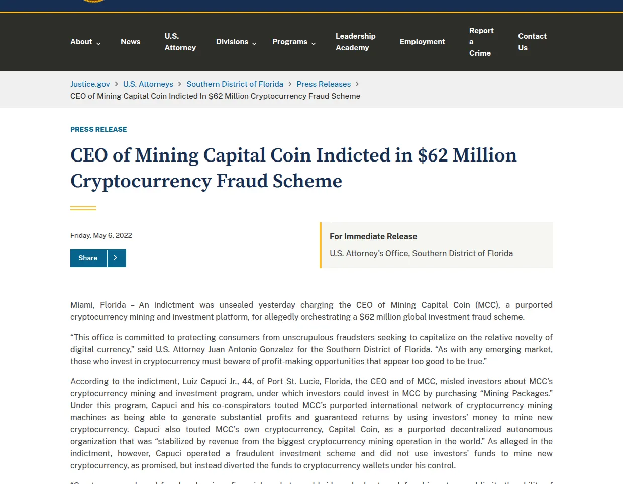 The US Attorney's press release, May 2022: "guaranteed returns" from a purported mining operation that diverted deposits to private wallets. This is the pattern in prosecutors' words (justice.gov, accessed 2026-10-02).