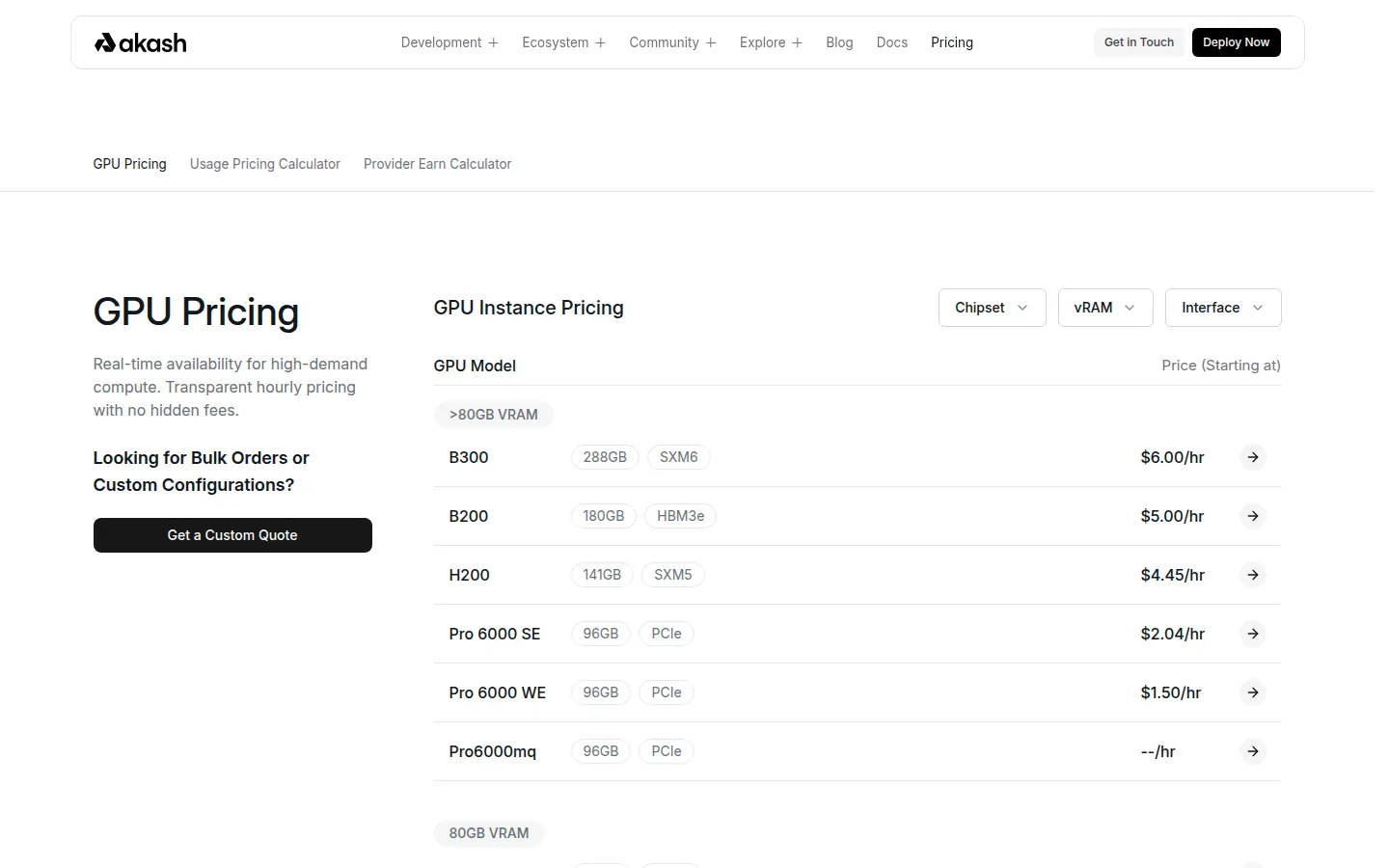 Screenshot: Akash Network pricing page